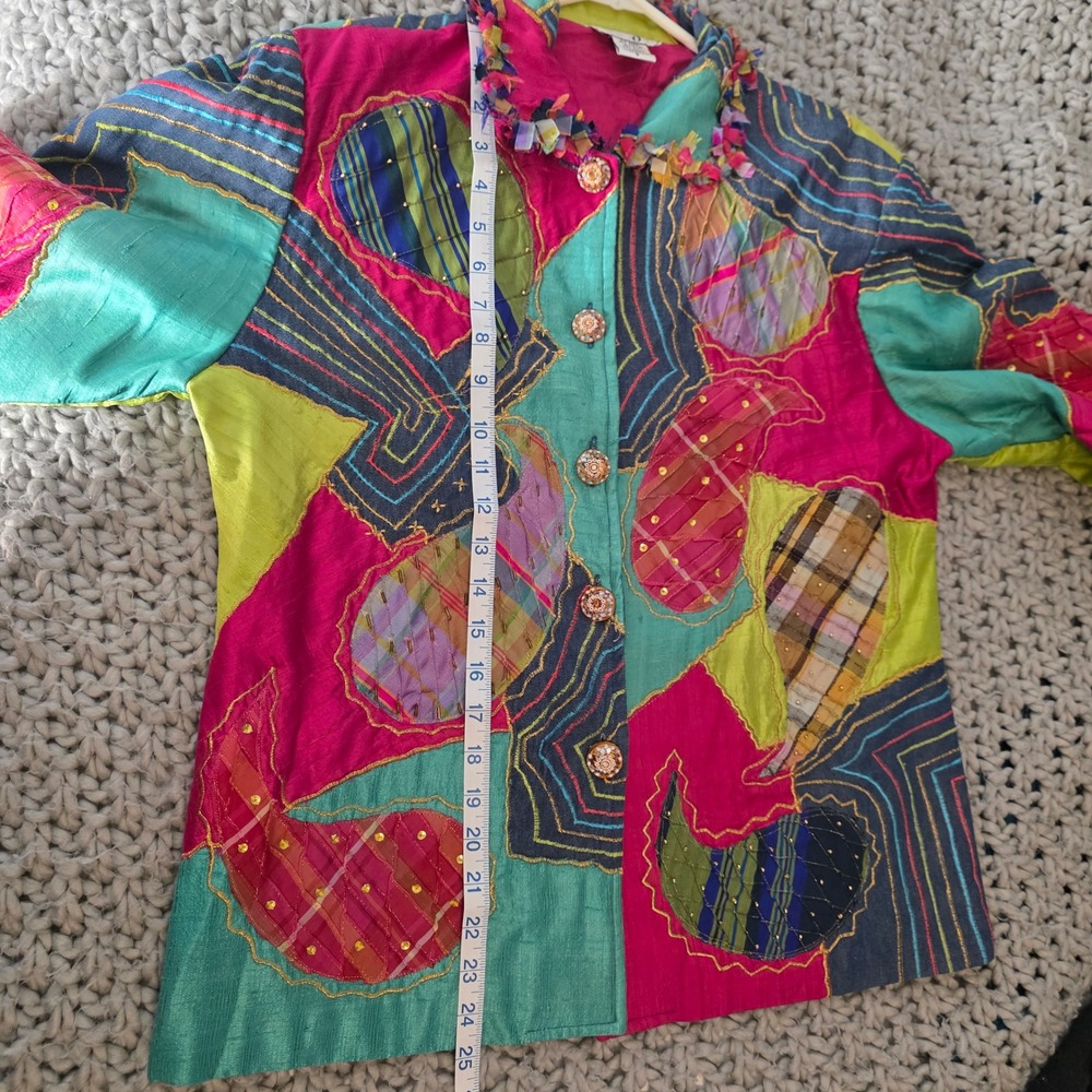 Anage Womens Patchwork Jacket Small Boho Embroidered Colorful Art Silk Festival - Picture 6 of 8